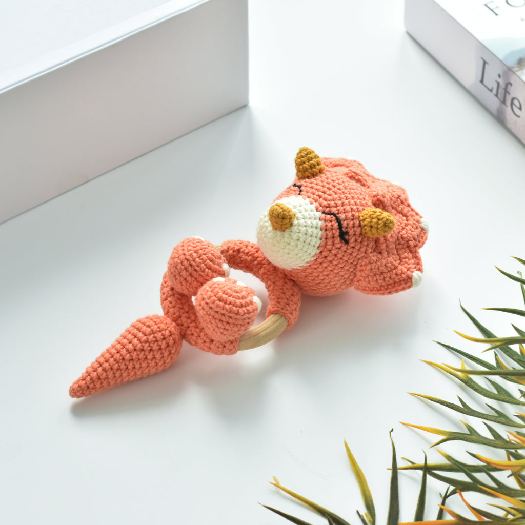 Cute Triceratops Rattle Crochet Amigurumi Gift - Crochet Dinosaur Teething Ring - Natural Wooden Teething Ring - Baby Shower Gift