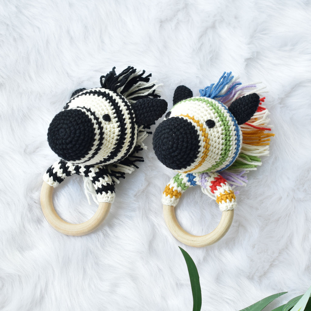 Rainbow & Black Zebra Crochet Rattle - Natural Wooden Teether - Baby Teether Gift