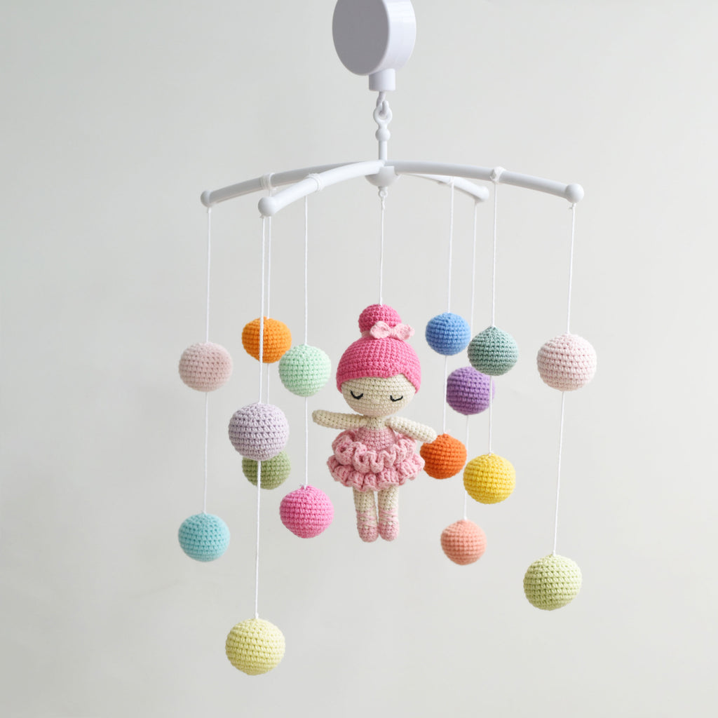 Cute Ballerina Crib Mobile Crochet With Multicolor Crochet Balls - Best Baby Shower Gift