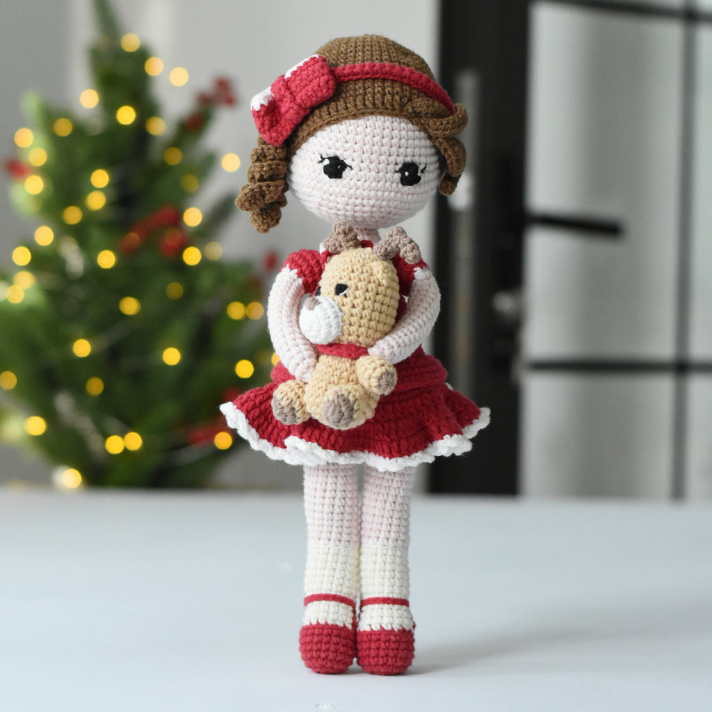 Christmas Doll Bella and Rudie the Reindeer - Noel Girl Stuffed Crochet - Cute Christmas Doll Amigurumi - Best Gift For Kid