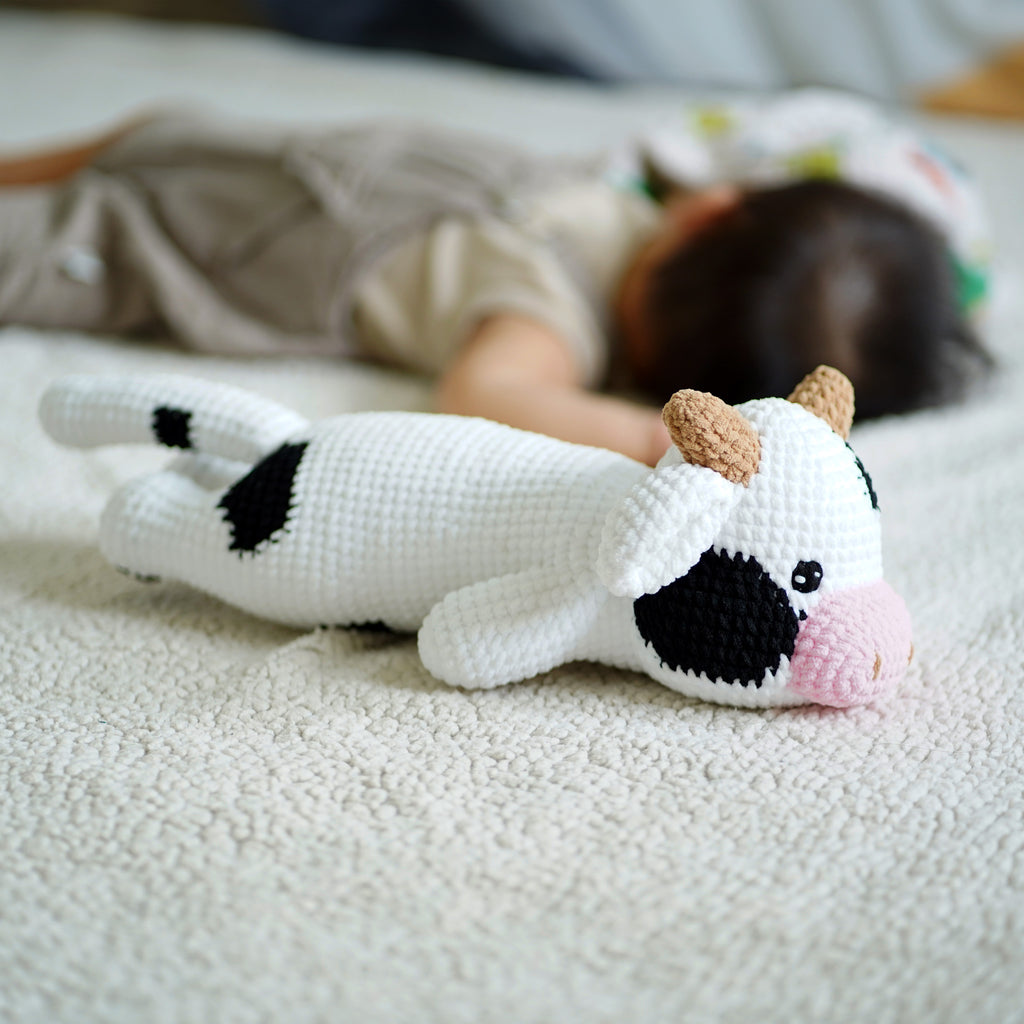 Lazy Milk Cow Crochet - Crochet Cow Plushie - Cow Baby Snuggler - Crochet Nursery Toy