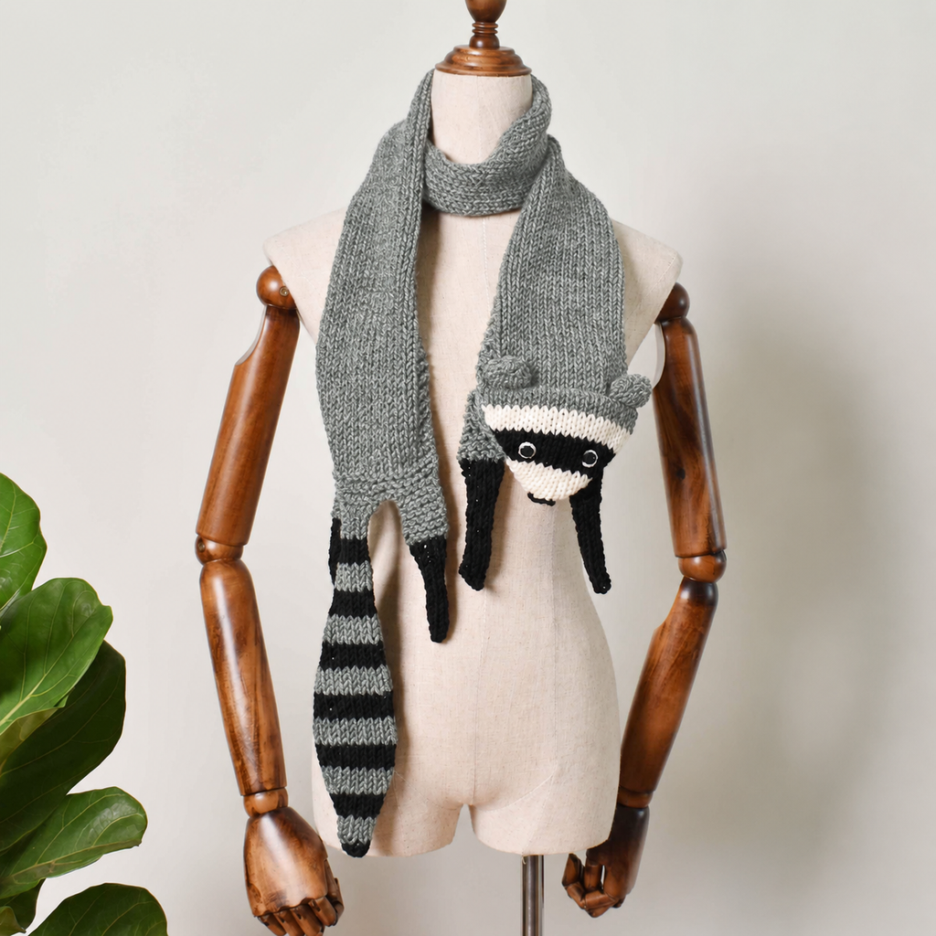 Racoon Scarf, Hand Knit Scarf, Wild Animal Scarf, Knit Accessories Gift For Her