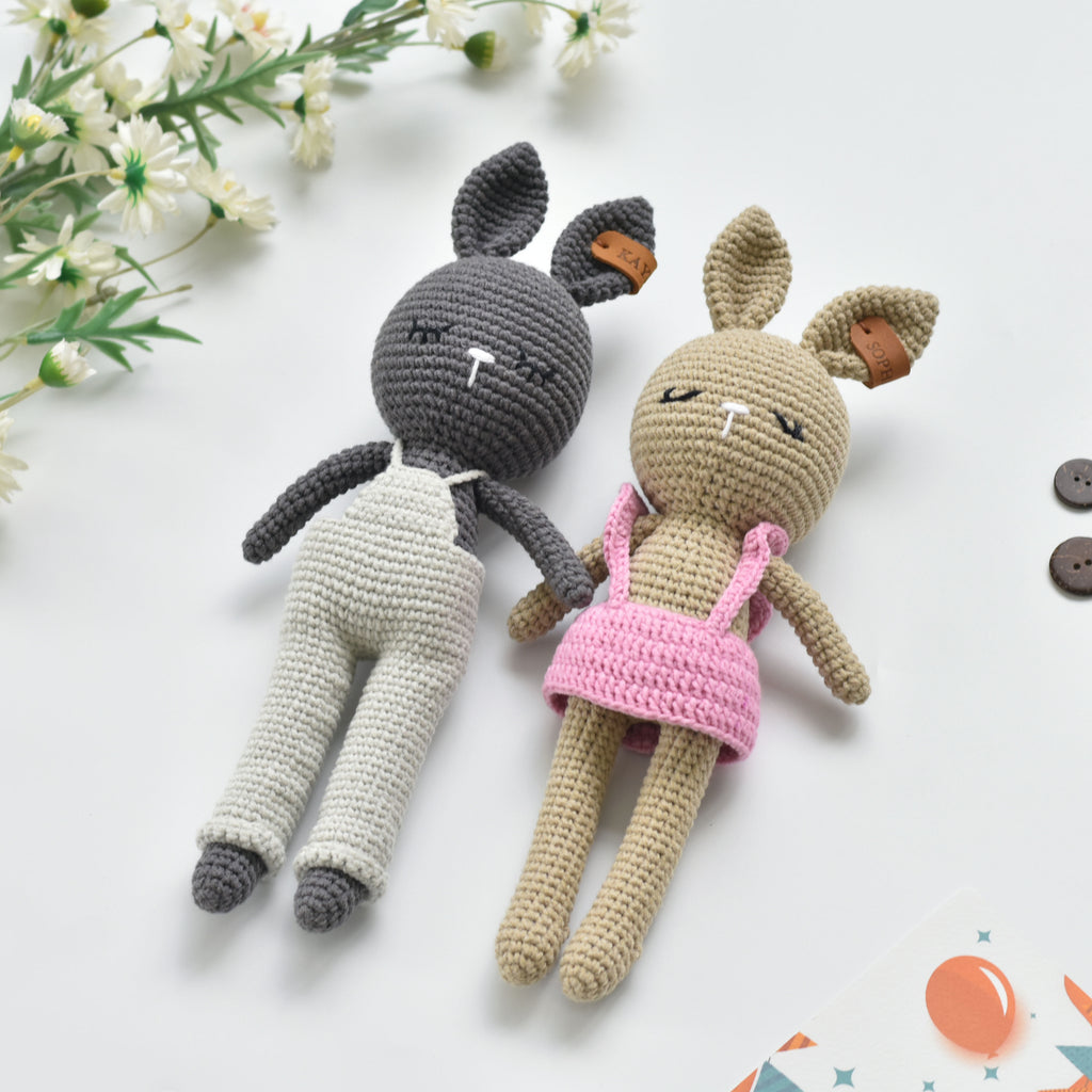 Sleeping Bunny Crochet Stuffed - Free Leather Tag Name - Bunny Baby Shower Gift - Newborn Gift Idea