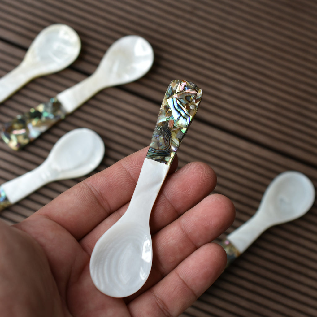 Genuine Mother Of Pearl Caviar Spoon - 5 Inch Ocean Shell Utensil With Mosaic Handle