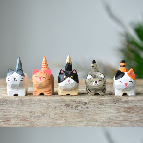 Cute Wooden Cat - Ornament Cute Kitten - Hand Carving Figure Cat - Decor Desk - Sculpture Wood Cat