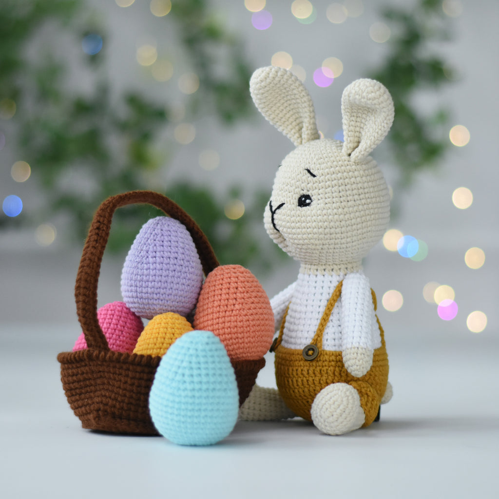 Easter Bunny Crochet With Basket of Eggs - Easter Rabbit Stuffed Crochet - Basket Easter Egg Gift - Easter Gift Idea