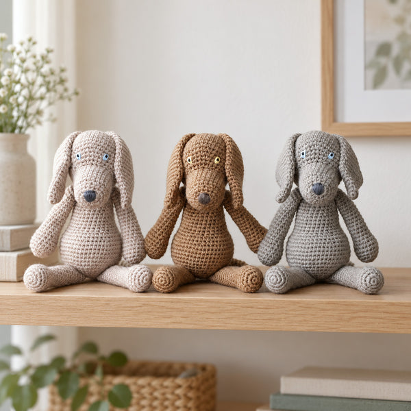 Handmade Crochet Weimaraner Dog Plush Toy: Oatmeal/Brown/Grey