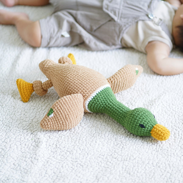 Crochet Mallard Duck Snuggler - Duck Velvet Stuffed Plush - Chenille Yarn Crochet Duck Toy