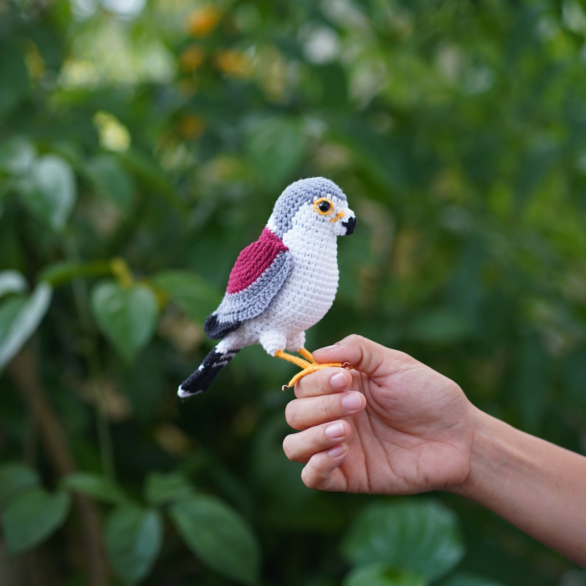 Crochet African pygmy falcon with a gray head, white chest, reddish wings, and yellow feet on a hand