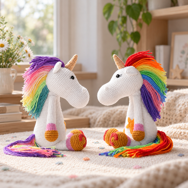 Two crocheted unicorn toys with rainbow-colored manes and tails, sitting on a soft cream knit blanket in a cozy, sunlit room.
