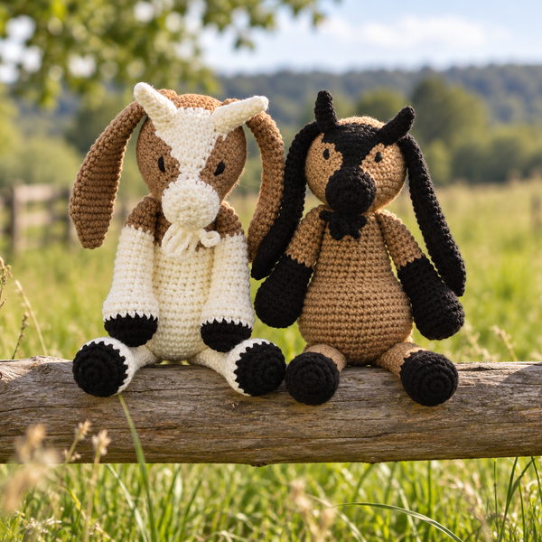 Handmade Crochet Goat Plush, Amigurumi Farm Animal Stuffed Toy, White and Brown Goat, Rustic Farmhouse Decor, Goat Lover Gift