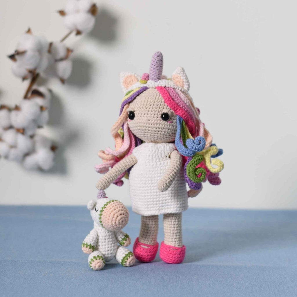 Crochet Unicorn Girl Doll with Mini Unicorn, Handmade Rainbow Amigurumi