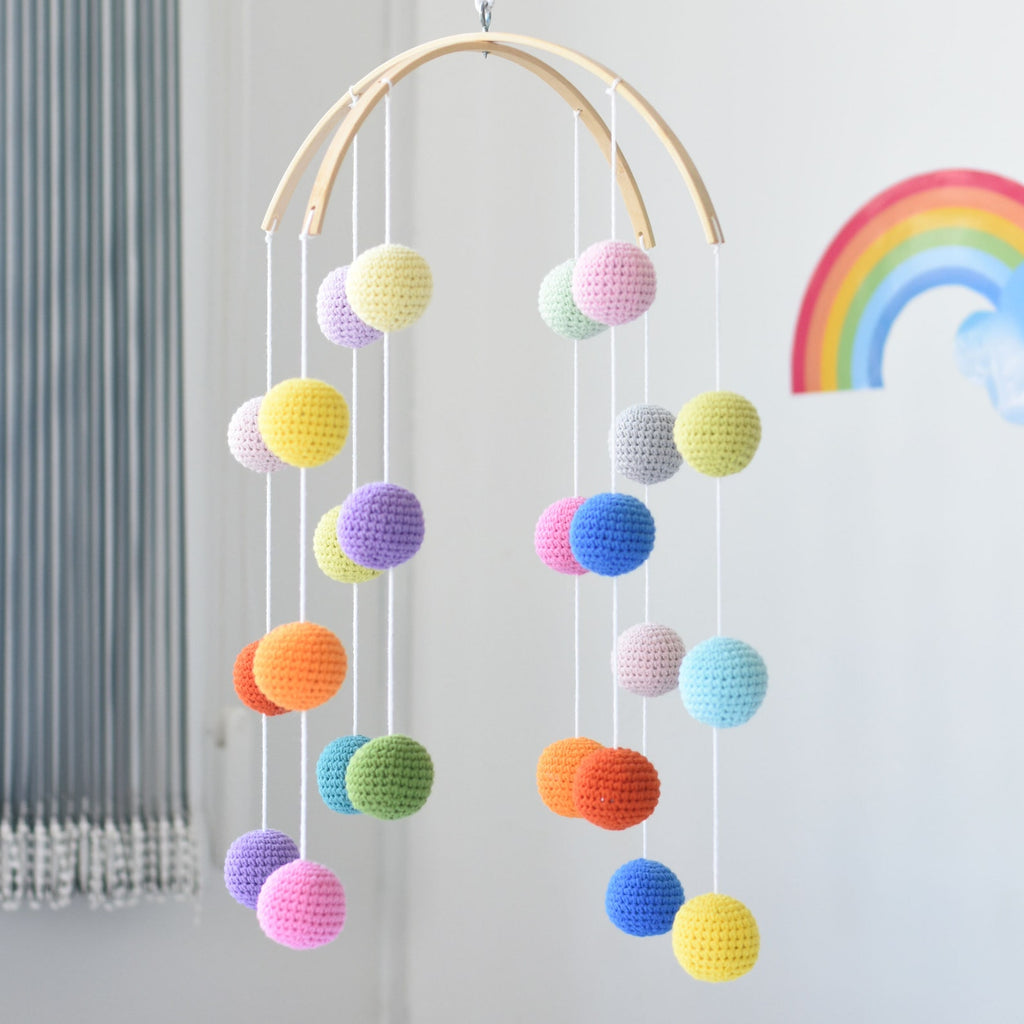 Multicolor Crochet Ball Crib Mobile with 24 Balls and Wooden Holder