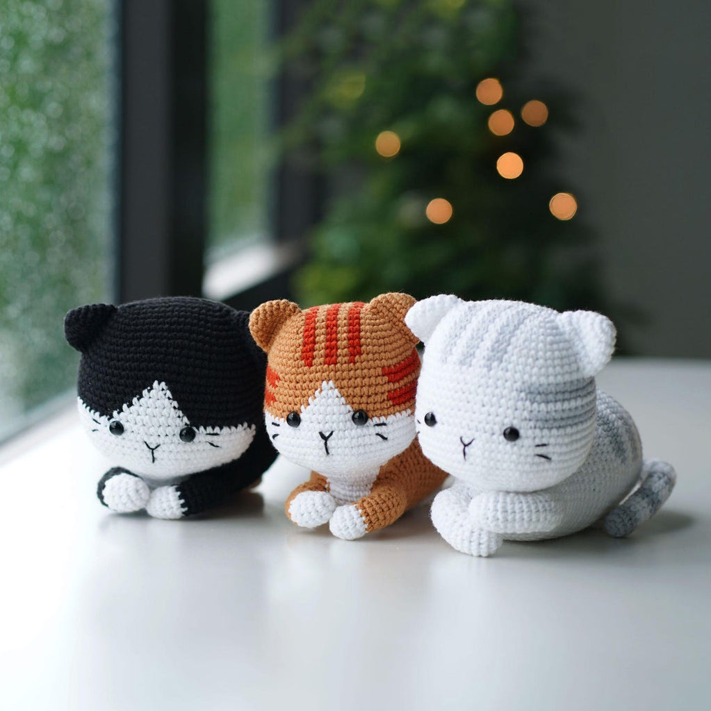 Handmade Crochet Cat Plush – Tuxedo, Orange Tabby & Gray