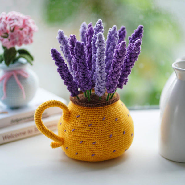 Handmade Crochet Lavender Flowers, Teapot Vase Arrangement, Mother's Day Gift