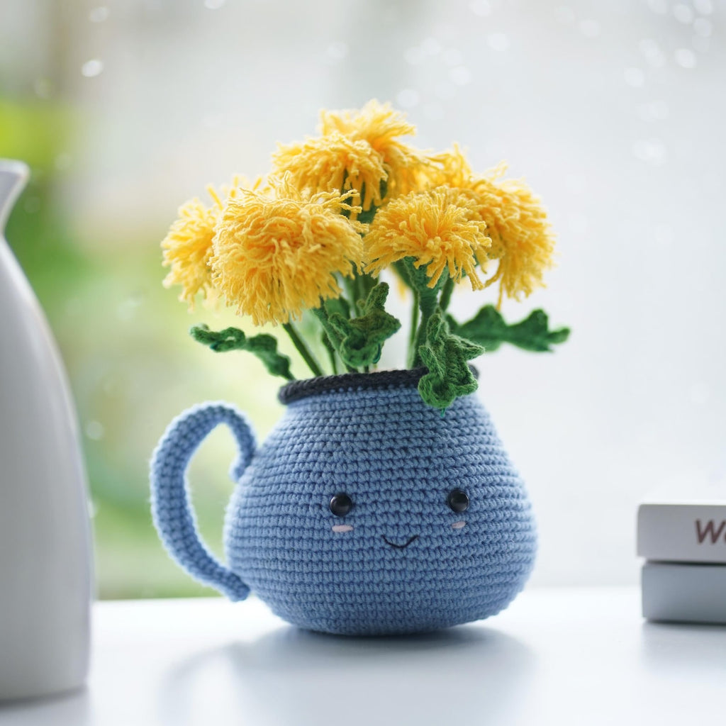 Crochet Dandelions in Smiley Mug, Handmade Floral Decor, Kawaii Flower Arrangement, Cheerful Home Gift