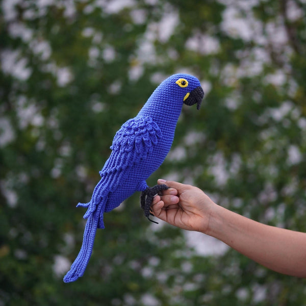 Handmade Hyacinth Macaw Crochet Bird, Blue Parrot Plushie, Amigurumi Macaw, Tropical Bird Gift