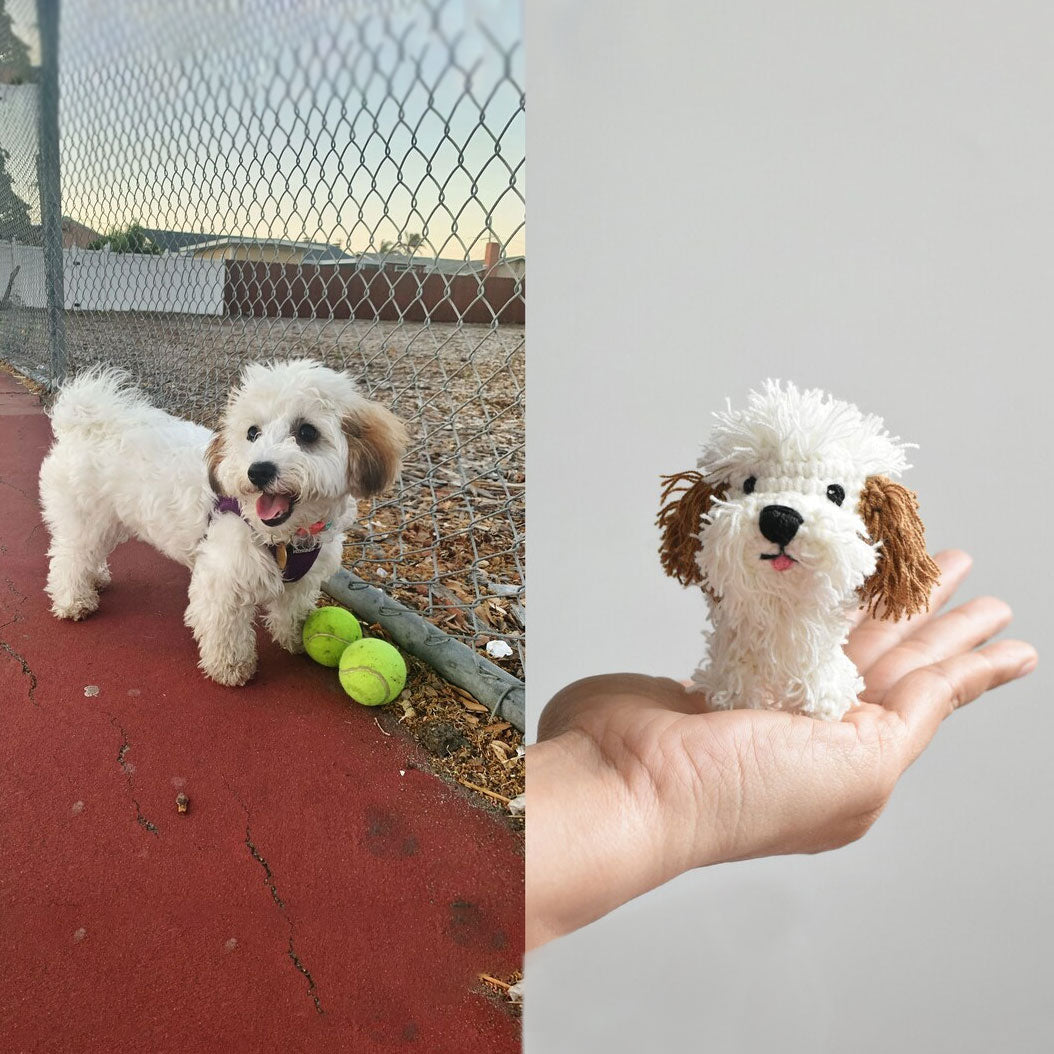 A real white-and-brown dog beside a matching miniature crochet dog held in a hand