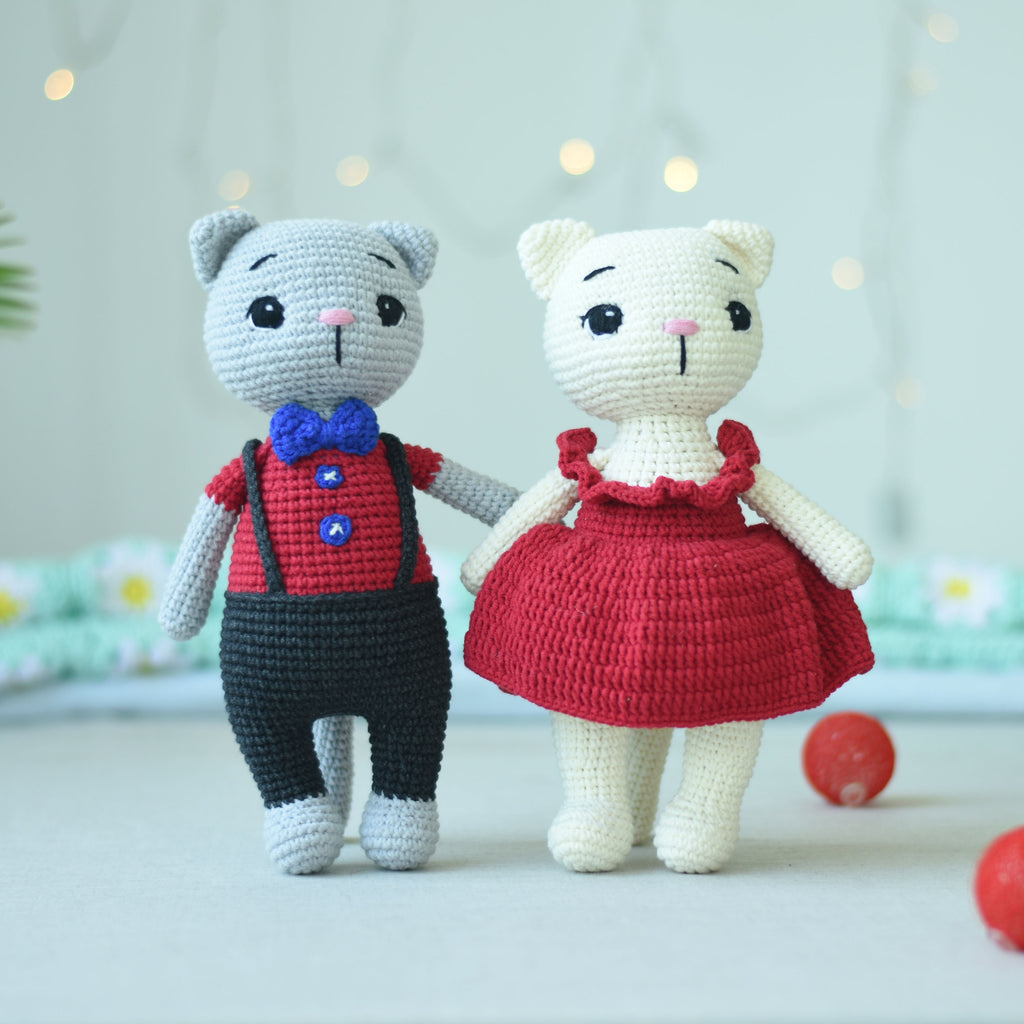 Crochet Cat Couple - Stuffed Crochet Toy Christmas - Amigurumi Kitten Plush Toy - Newborn Baby Gift