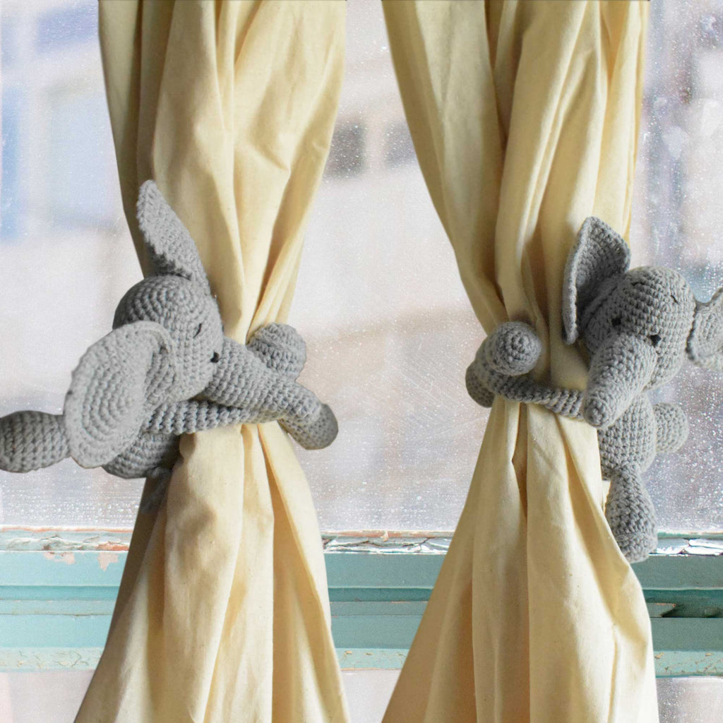 Set Of 2 Lovely Elephant Crochet Curtain Holder Toy Amigurumi Animal Room Decor - SaiGonDoll