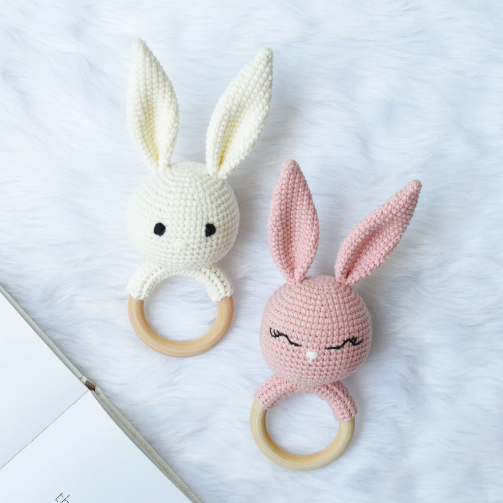 Cute Bunny Rattle Amigurumi Handmade Gift - Wooden Teething Ring - New Born Baby Gift